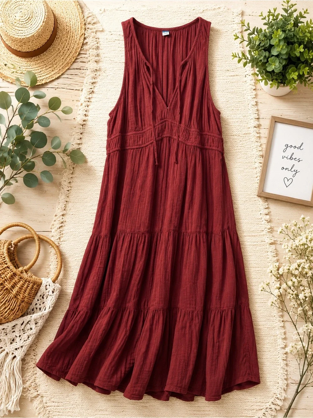 Old Navy Sleeveless V‑Neck Tiered Maxi Dress — Burgundy - Picture 1 of 7